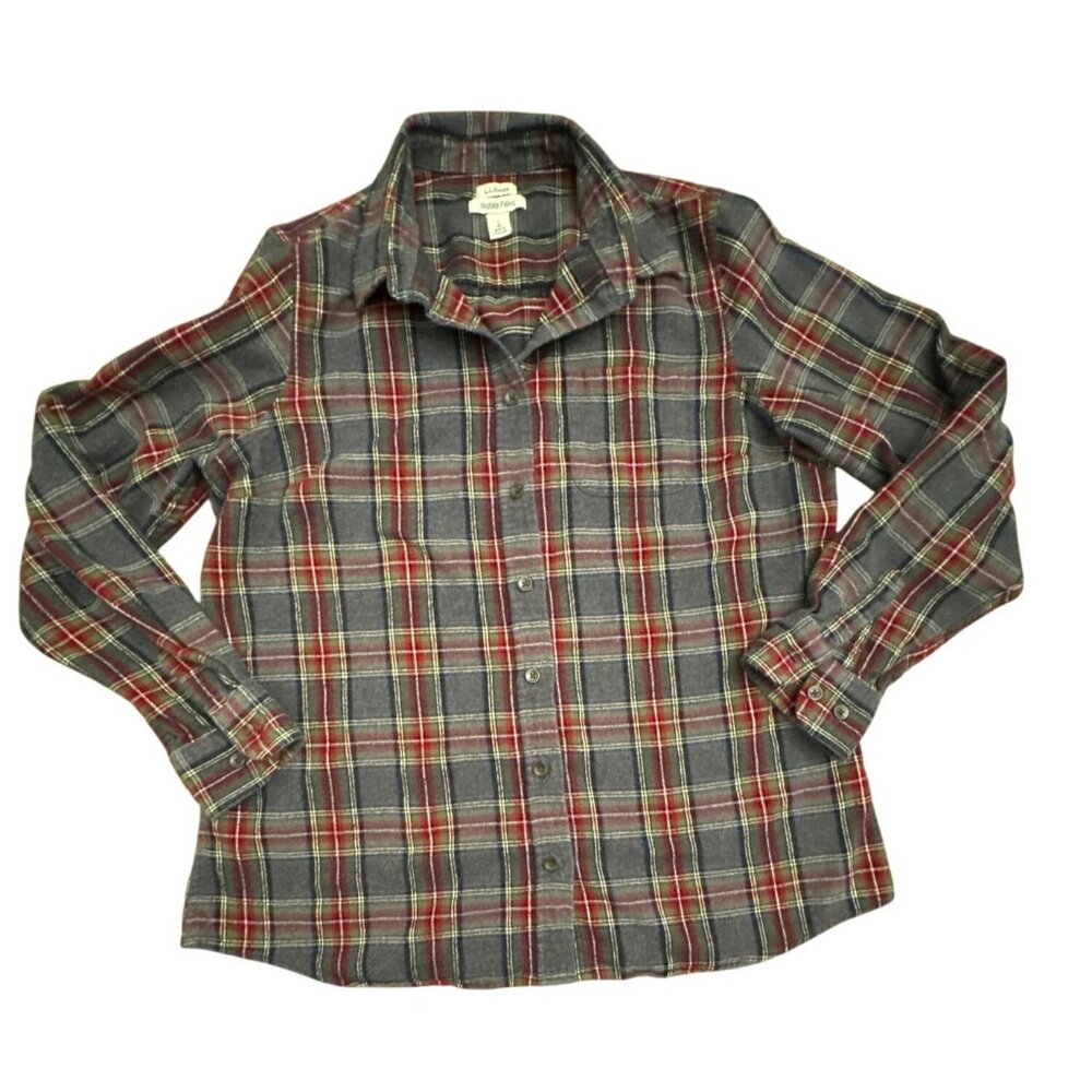 L.L.Bean Womens Scotch Plaid Flannel Shirt Large Cotton Gray Slightly Fitted